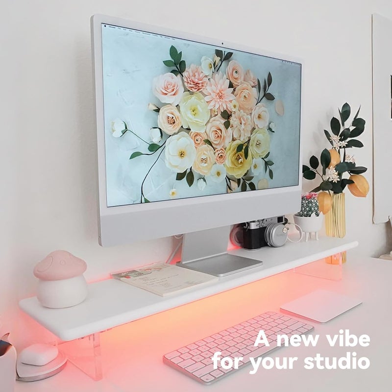 ROCDEER Bamboo Monitor Stand Riser with RGB Lights,31.5 Inches Desktop Shelf with Acrylic Legs Supports for Desk, PC Computer Monitor, Laptops, Printer, Speakers (White) - Image 3